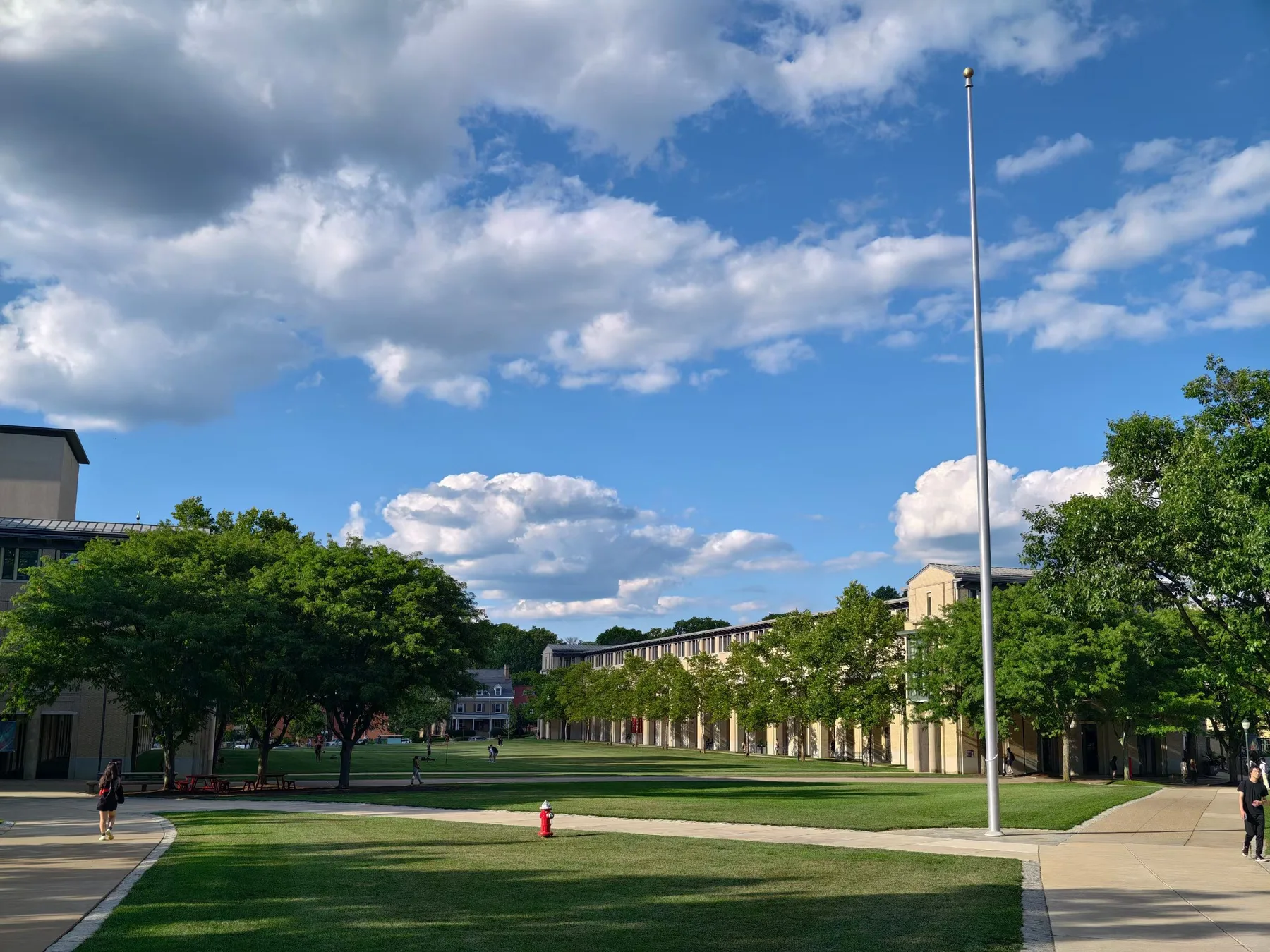 A green campus quad and flagpole at CMU