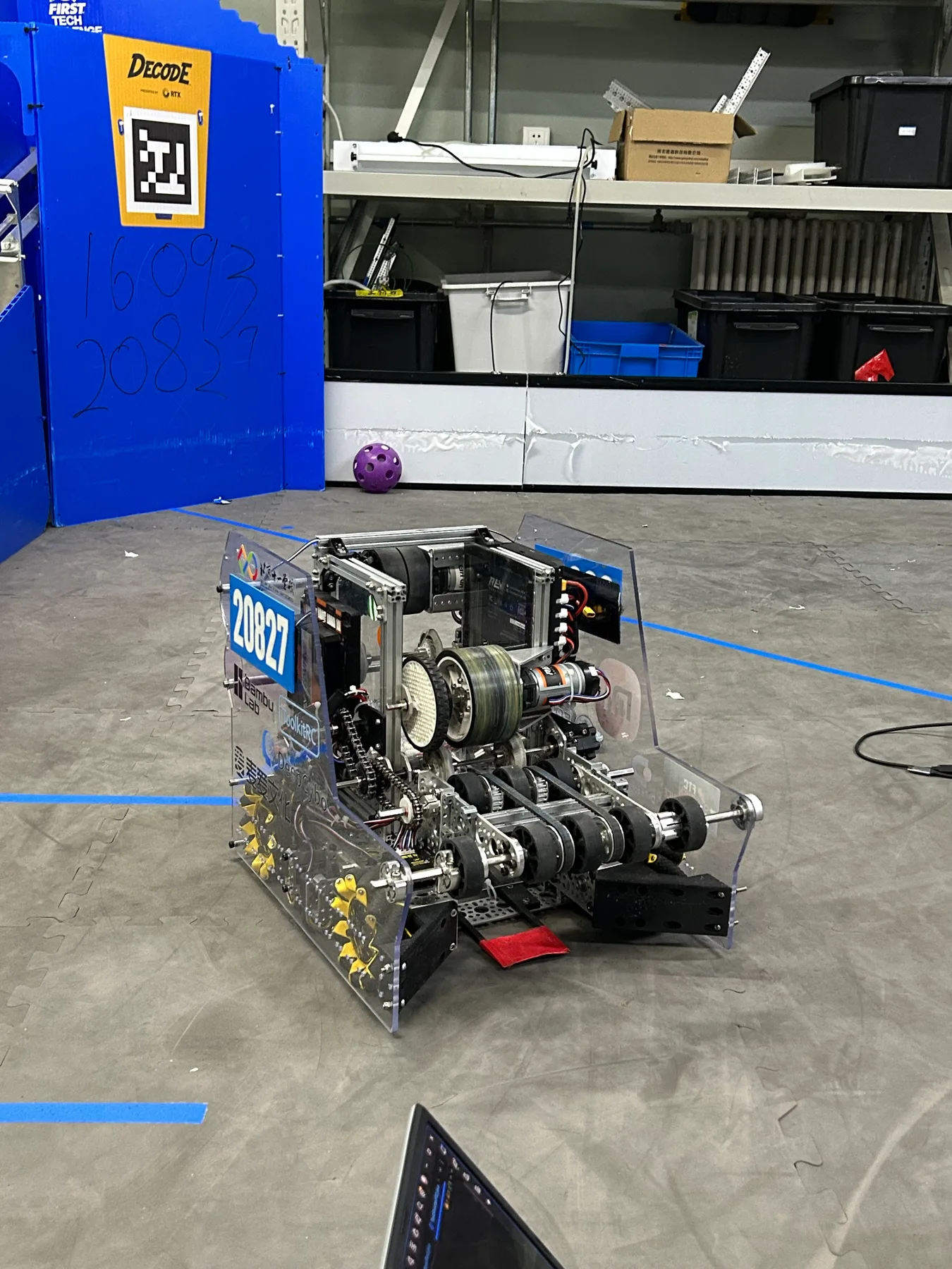 FTC robot numbered 20827 on a practice field